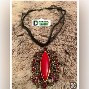 Beautiful Necklace With Red Gemstones With Black Ribbon Necklace